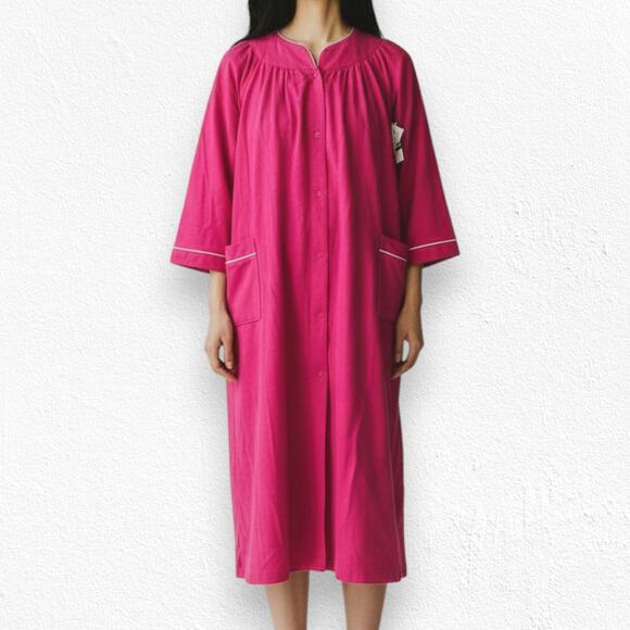 80s Vintage Bright Pink Button Down Long Robe Loungewear Sleepwear Size 20W - Picture 3 of 14